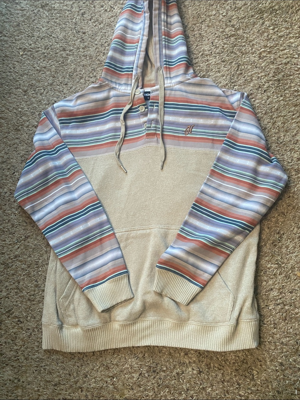 Hooey Beige Hoodie with Multi-Color Striped Sleeves